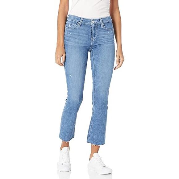 PAIGE 26 Bliss Distressed Shelby Mid Rise Cropped Flare Jeans Raw Hem OS24-17